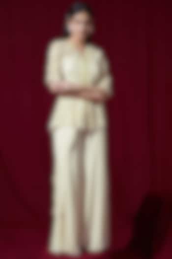 Ivory Georgette Pre-Stitched Jacket Saree Set by Ruchi Kamboj