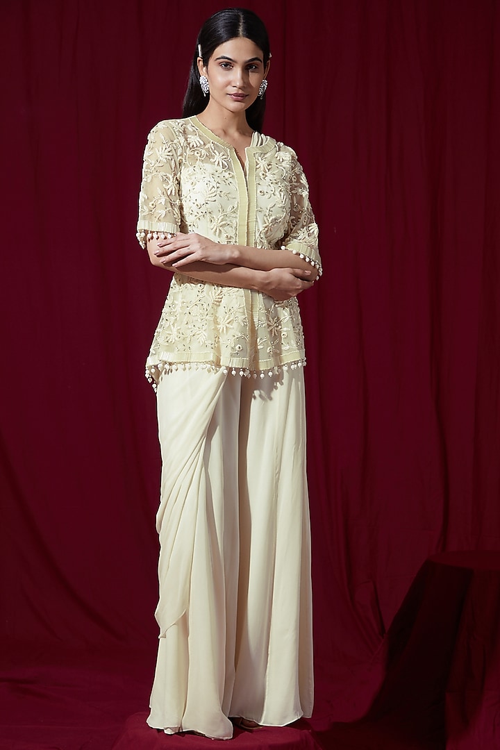 Ivory Georgette Pre-Stitched Jacket Saree Set by Ruchi Kamboj