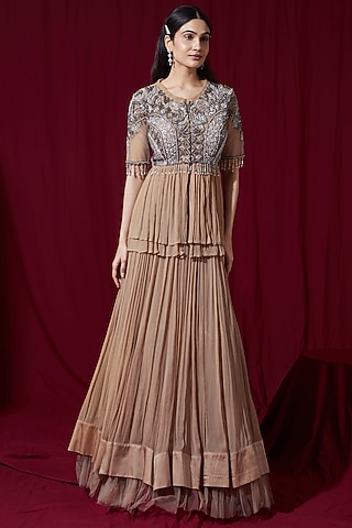 Beige Chiffon Net Georgette Lehenga Set by Ruchi Kamboj