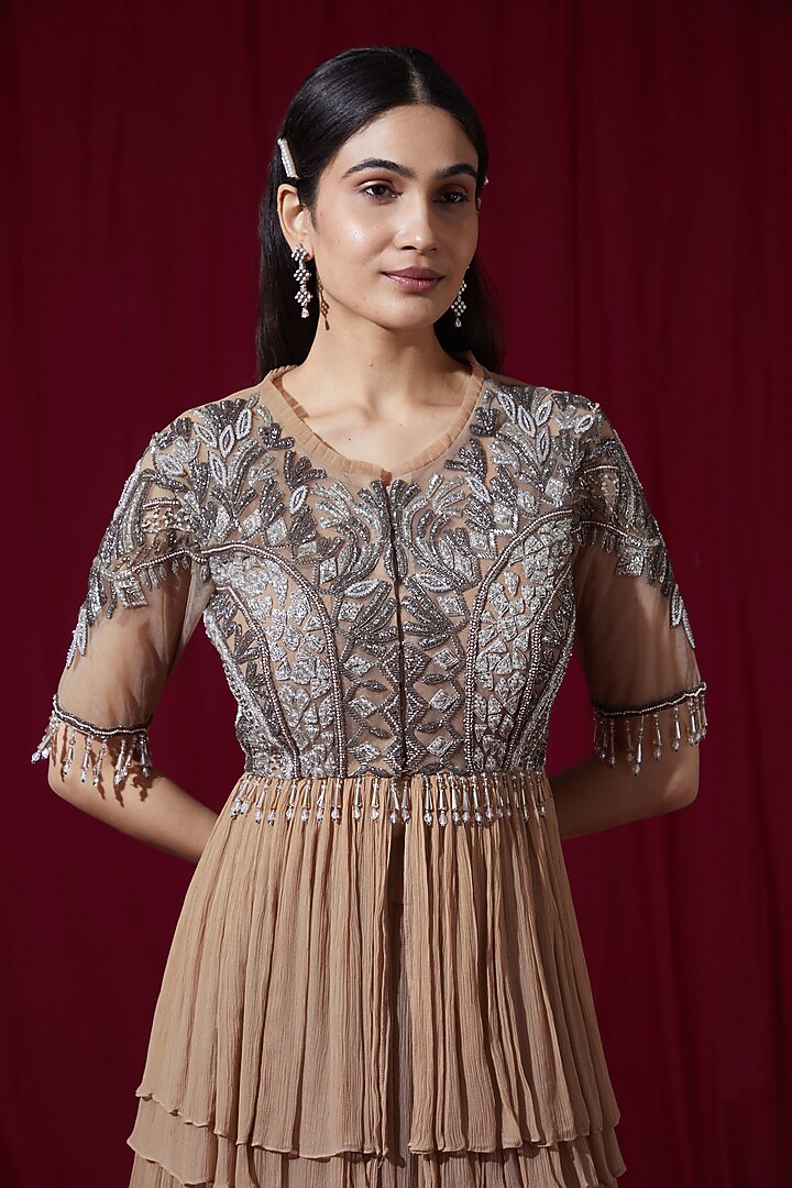 Beige Chiffon Net Georgette Wedding Lehenga Set by Ruchi Kamboj at Pernia's Pop Up Shop