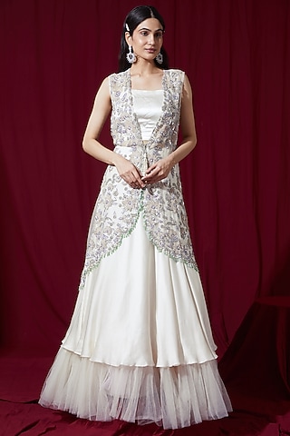 Ivory Organza & Satin Jacket Lehenga Set by Ruchi Kamboj