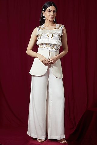 Ivory Net & Satin Jacket Set by Ruchi Kamboj