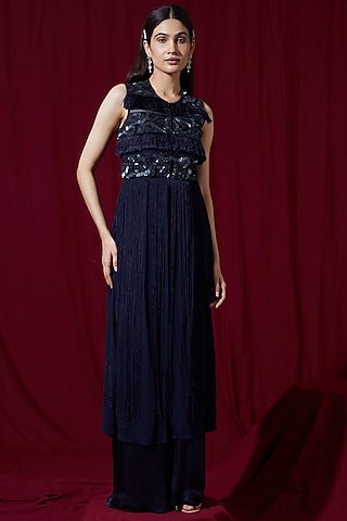 Navy Net & Satin Tunic Set by Ruchi Kamboj