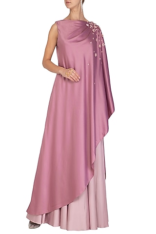 Mauve Embroidered Draped Kurta With Sharara Pants by Ruceru Couture