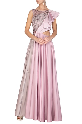 Berry Ash & Lilac Embroidered Asymmetrical Gown by Ruceru Couture