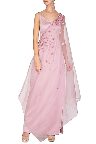 Lilac Embroidered Gown With One Sided Drape Dupatta by Ruceru Couture