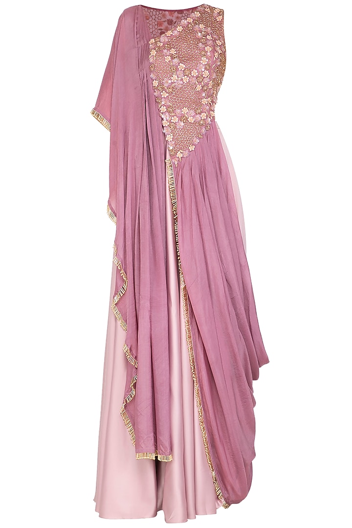 Mauve Embroidered Kurta With Cone Skirt by Ruceru Couture