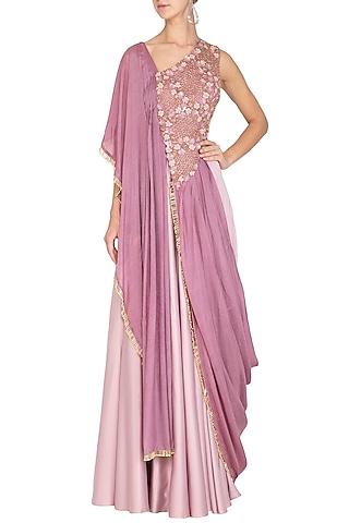 Mauve Embroidered Kurta With Cone Skirt by Ruceru Couture