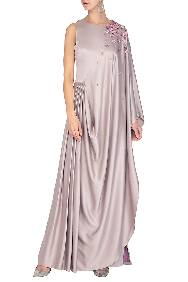 Berry Ash Embroidered Party Wear Saree Gown by Ruceru Couture at Pernia's Pop Up Shop