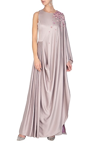 Berry Ash Embroidered Saree Gown by Ruceru Couture