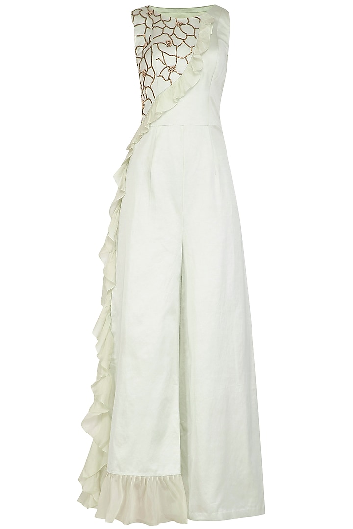 Mint Green Embroidered Jumpsuit by Ruceru Couture