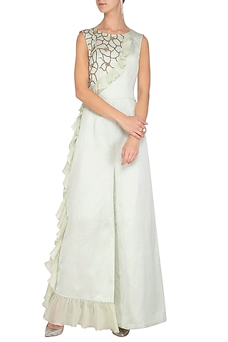 Mint Green Embroidered Jumpsuit by Ruceru Couture