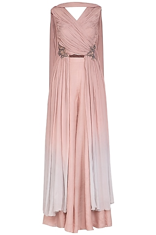 Dusty Pink Embroidered Crossbody Top With Sharara Pants by Ruceru Couture