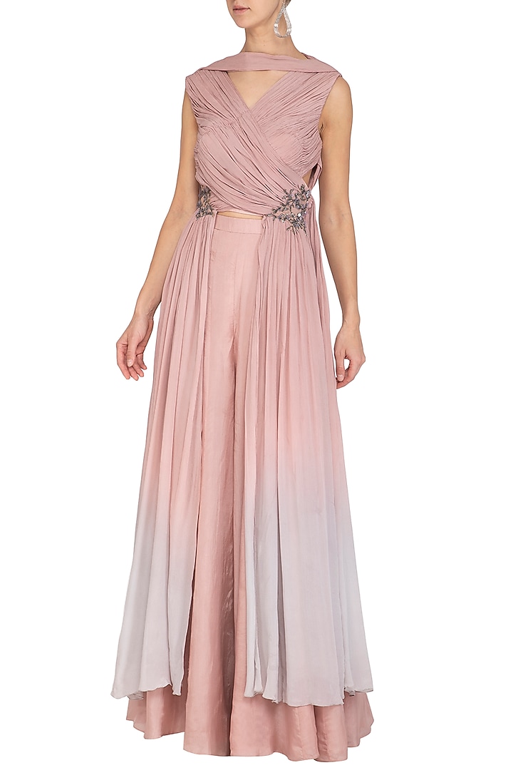 Dusty Pink Embroidered Crossbody Top With Party Wear Sharara Pants by Ruceru Couture at Pernia's Pop Up Shop