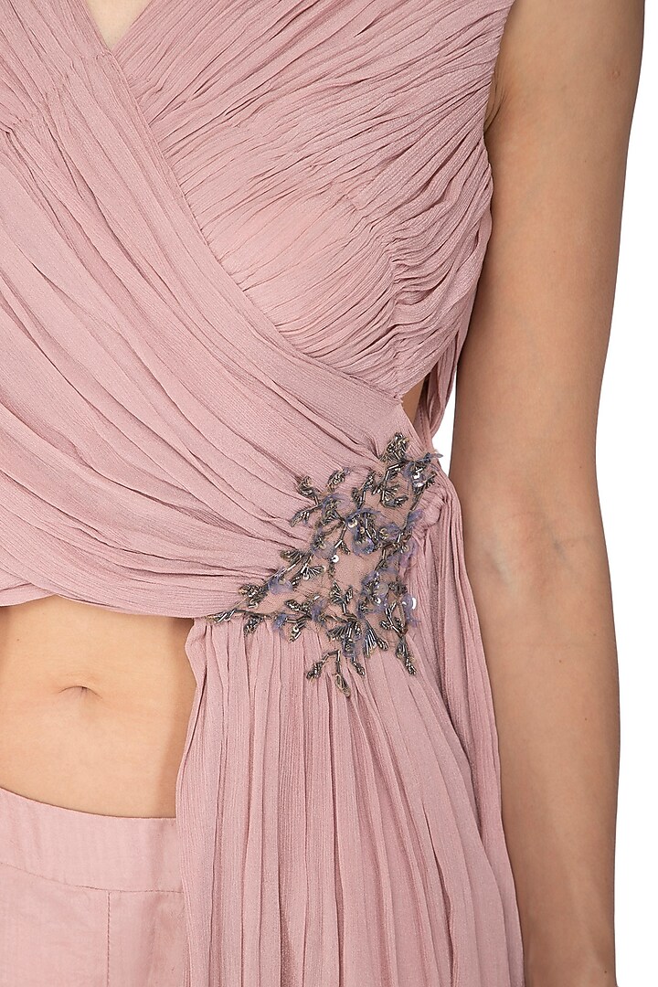 Dusty Pink Embroidered Crossbody Top With Party Wear Sharara Pants by Ruceru Couture at Pernia's Pop Up Shop