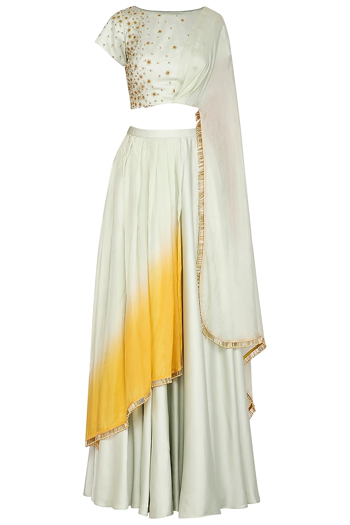 Mint Green Embroidered Cone Lehenga Set by Ruceru Couture