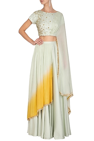Mint Green Embroidered Cone Lehenga Set by Ruceru Couture