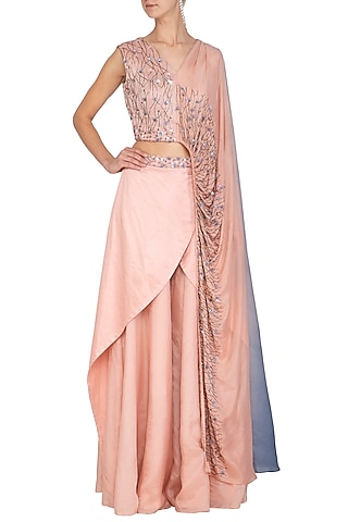 Dusty Peach Embroidered Sharara Set by Ruceru Couture