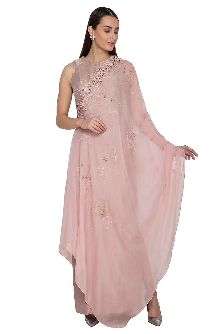Dust Pink & Victorian Grey Embroidered Draped Dress by Ruceru Couture