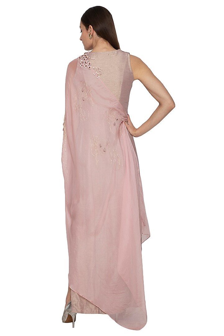 Dust Pink & Victorian Grey Embroidered Draped Vacation Dress by Ruceru Couture at Pernia's Pop Up Shop