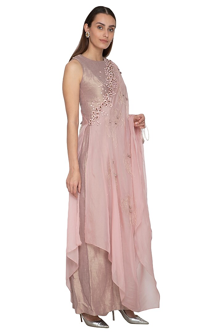 Dust Pink & Victorian Grey Embroidered Draped Vacation Dress by Ruceru Couture at Pernia's Pop Up Shop