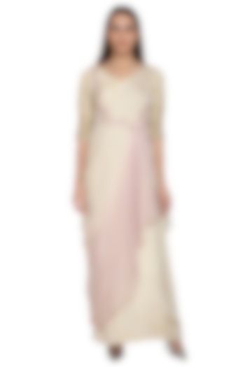 Cream & Lilac Embroidered Draped Dress by Ruceru Couture