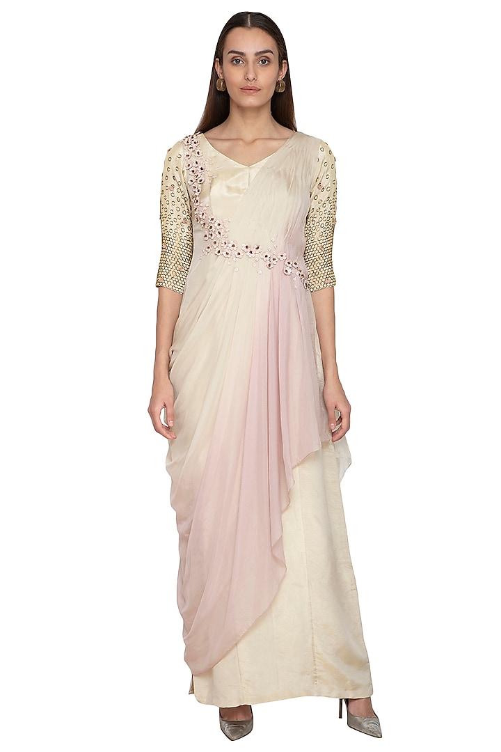 Cream & Lilac Embroidered Draped Dress by Ruceru Couture