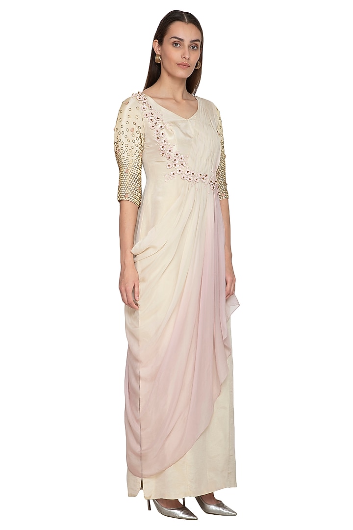 Cream & Lilac Embroidered Draped Vacation Dress by Ruceru Couture at Pernia's Pop Up Shop