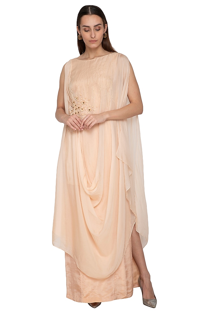 Peach Embroidered Draped Dress by Ruceru Couture