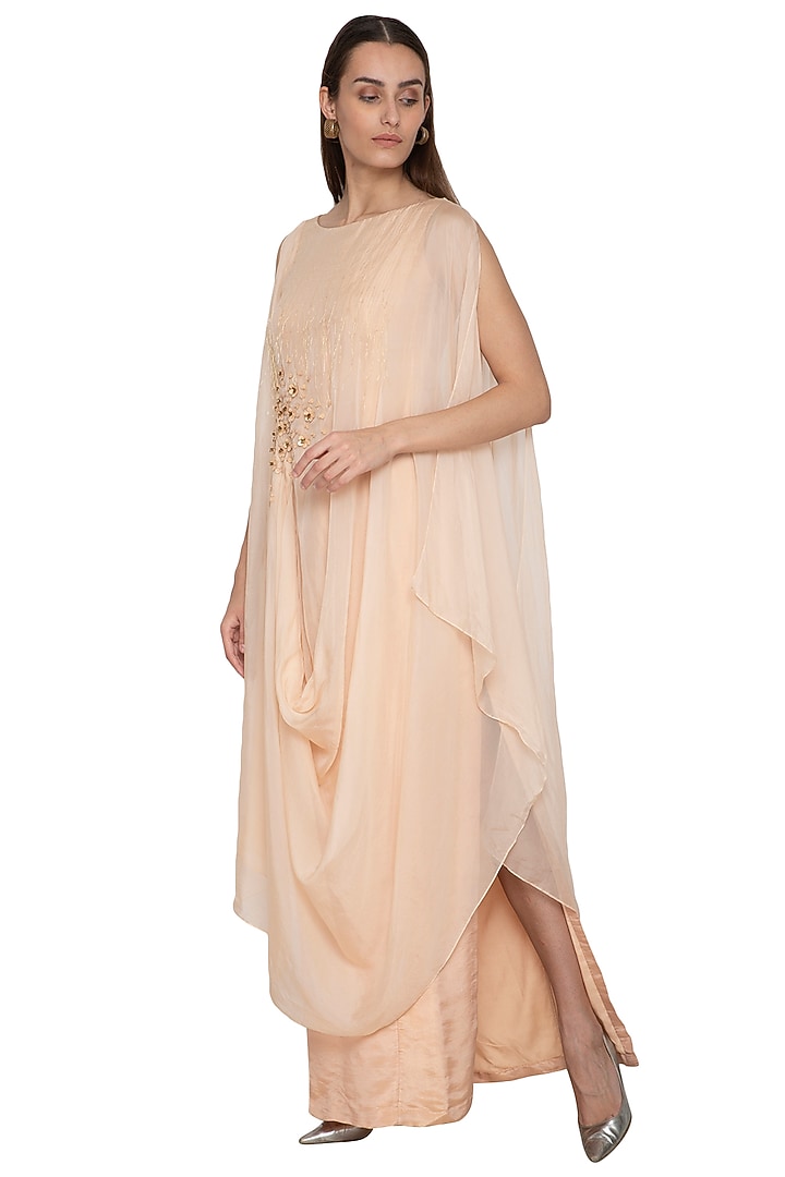 Peach Embroidered Draped Vacation Dress by Ruceru Couture at Pernia's Pop Up Shop