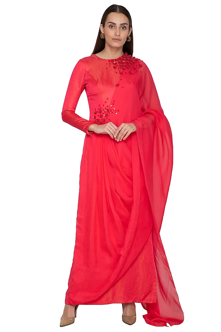 Crimson Red Draped Saree Dress by Ruceru Couture