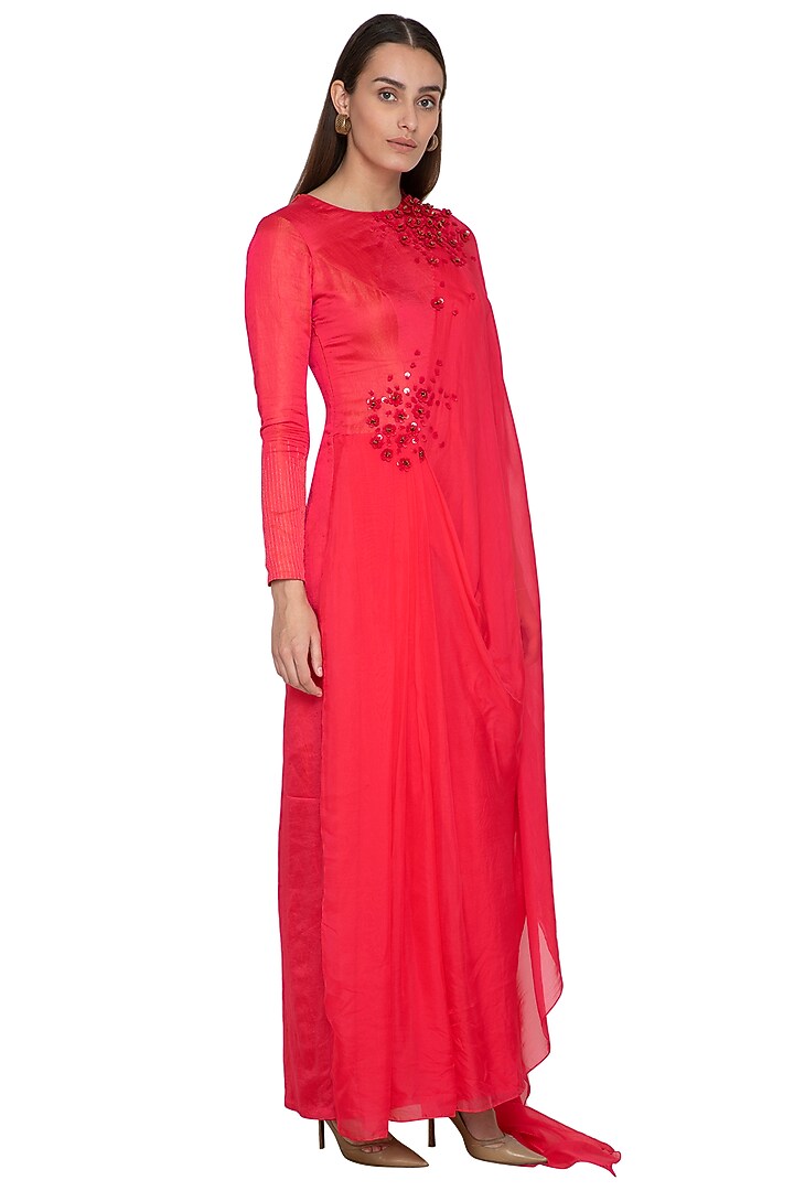 Crimson Red Draped Saree Vacation Dress by Ruceru Couture at Pernia's Pop Up Shop