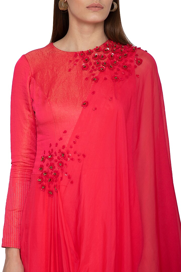 Crimson Red Draped Saree Vacation Dress by Ruceru Couture at Pernia's Pop Up Shop