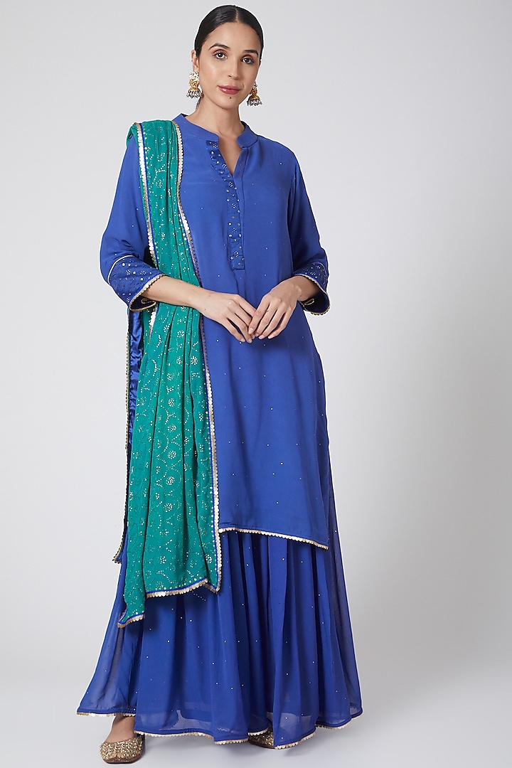 Royal Blue Embroidered Sharara Set by Ruh Clothing