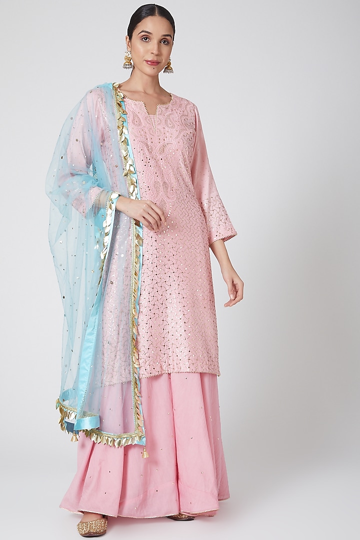 Pink & Ferozi Embroidered Sharara Set by Ruh Clothing
