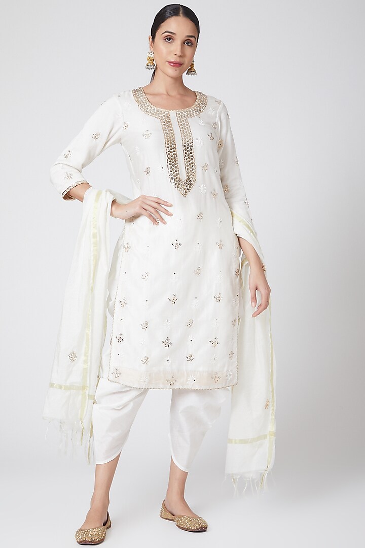 White Embroidered Kurta Set by Ruh Clothing