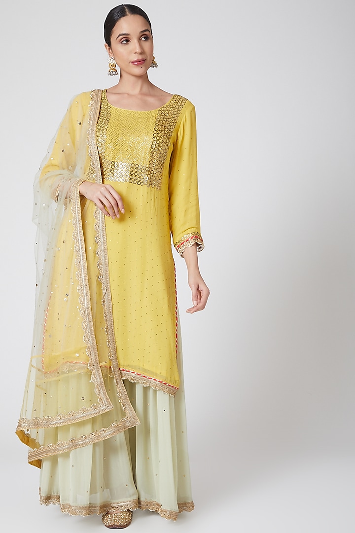 Yellow Embroidered Sharara Set by Ruh Clothing