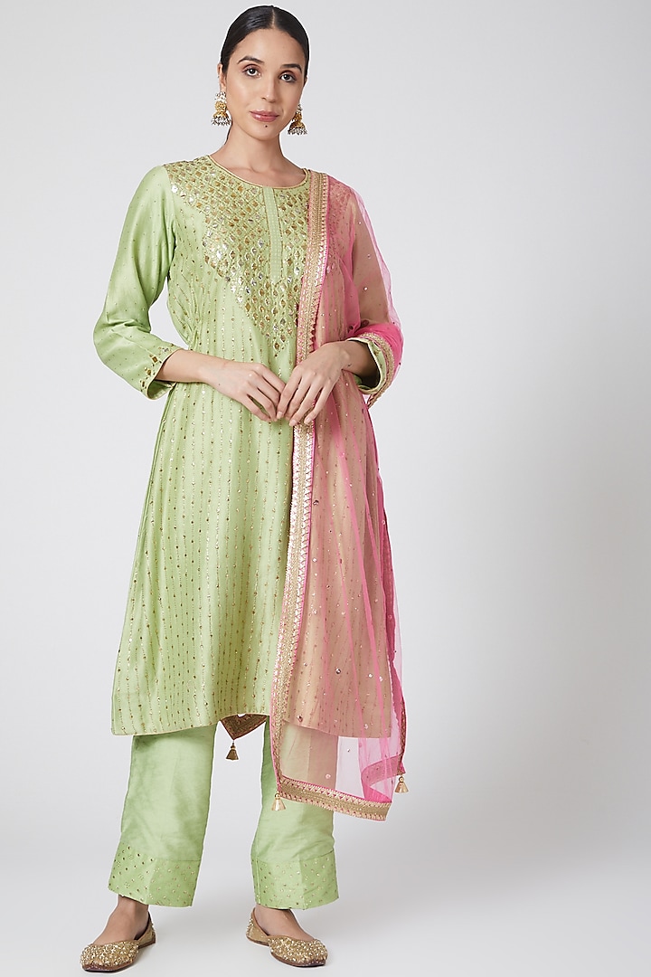 Mint Green Embroidered Kurta Set by Ruh Clothing
