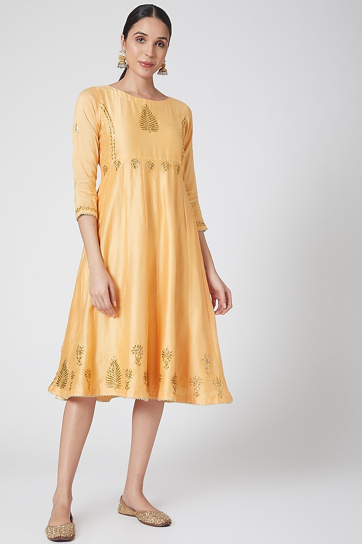 Yellow Mukaish Embroidered Dress by Ruh Clothing