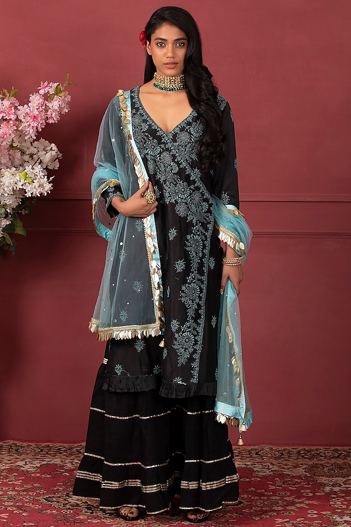 Black & Firozi Cotton Sharara Set by Ruh Clothing