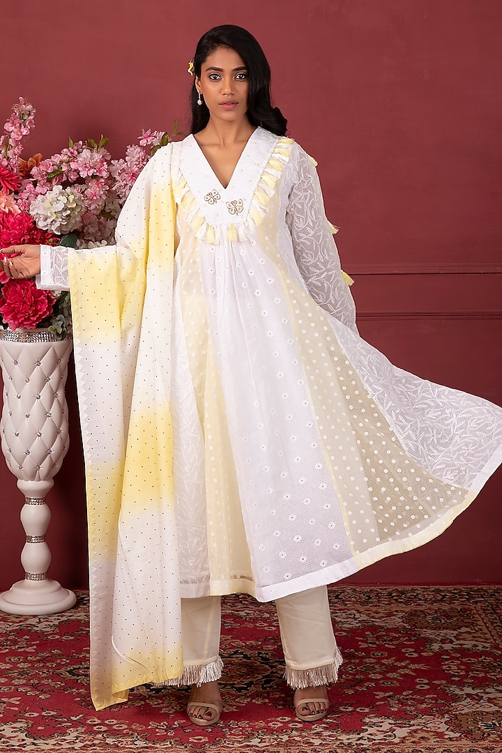 Ivory Hand Embroidered Anarkali Set by Ruh Clothing