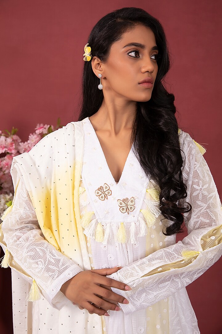 Ivory Hand Embroidered Party Wear Anarkali Set by Ruh Clothing at Pernia's Pop Up Shop