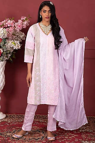 Mauve Hand Embroidered Kurta Set by Ruh Clothing