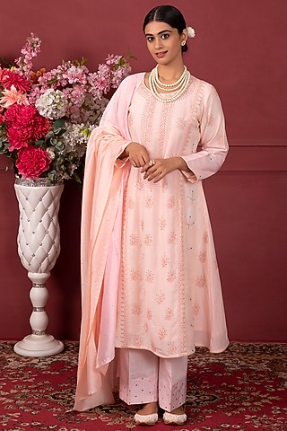 Peach Hand Embroidered Kurta Set by Ruh Clothing