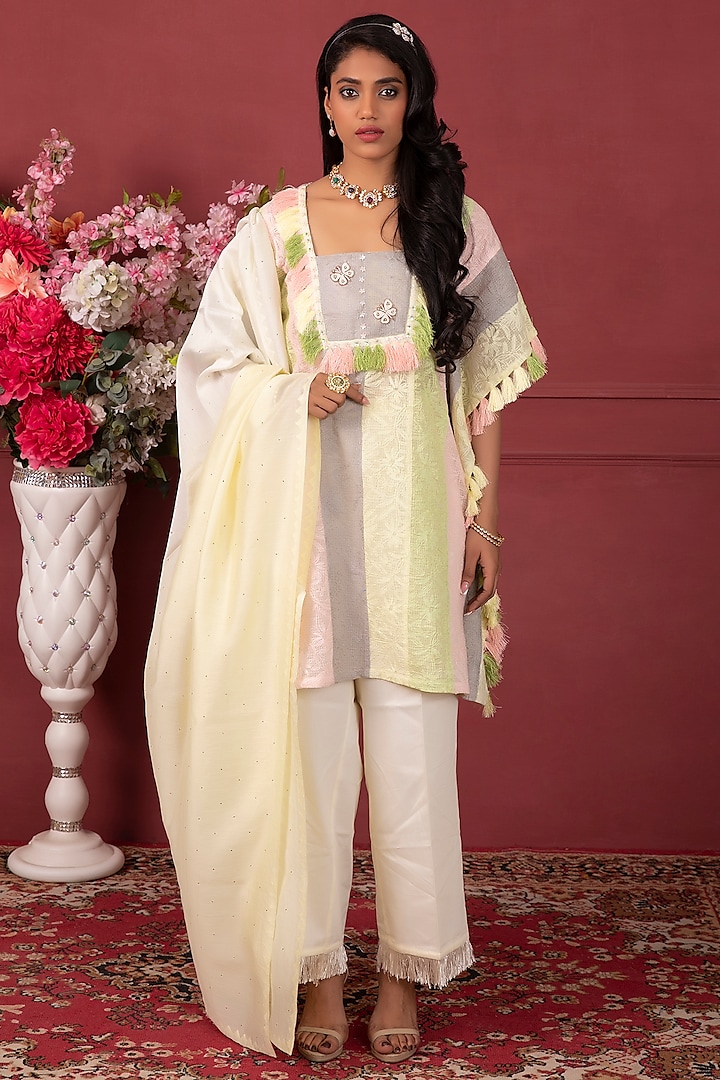 Yellow Hand Embroidered Kaftan Set by Ruh Clothing