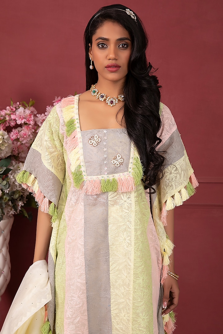 Yellow Hand Embroidered Kaftan Set by Ruh Clothing at Pernia's Pop Up Shop