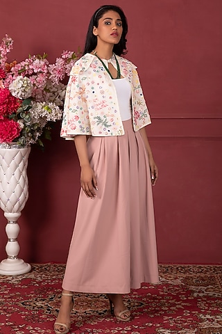 Multi-Colored Thread Hand Embroidered Cape Set by Ruh Clothing