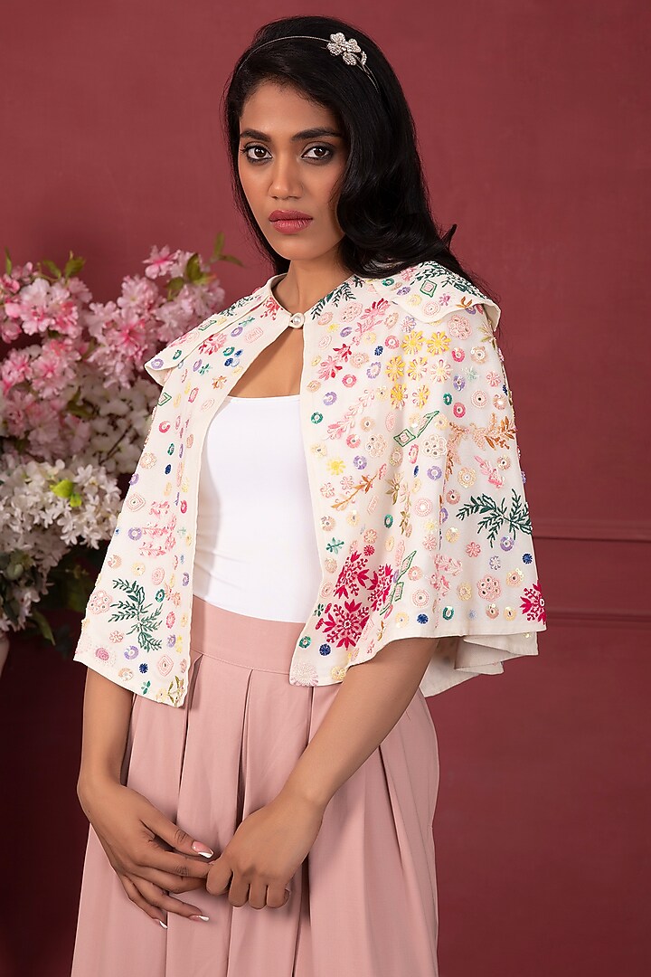 Multi-Colored Thread Hand Embroidered Cape Set by Ruh Clothing at Pernia's Pop Up Shop