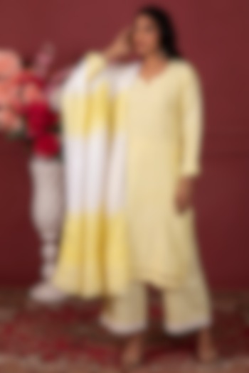 Yellow Chanderi Embroidered Kurta Set by Ruh Clothing