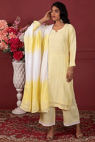 Yellow Chanderi Embroidered Kurta Set by Ruh Clothing